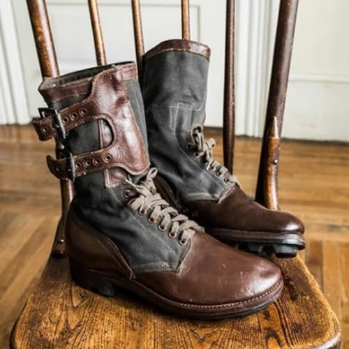 MYIESAXL Mittelalterliche Vintage-Stiefel Aus Pu-Leder In Farbblock-Optik, Kurze Herrenstiefel mit Runder Zehenpartie, Gürtelschnalle und Klobigem Absatz, Renaissance-Partys, Cosplay-Kostüme, Lapp von MYIESAXL