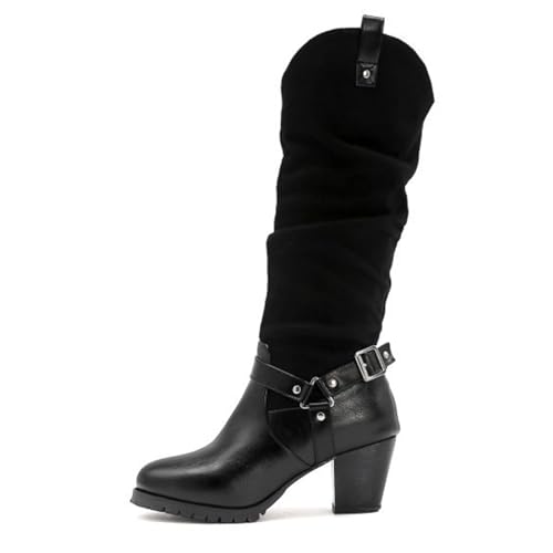 MYIESAXL Retro Gothic Wildleder Lange Stiefel, Mittelalterliche Mittelabsatz Runde Zehen Gürtelschnalle Motorradstiefel für Renaissance Cosplay Lapp von MYIESAXL