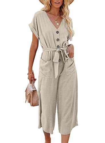 Damen Casual Playsuits Kurzarm Button Down Jumpsuits Elegant V Neck Baggy Belted Romper with Pockets, weiß, 42 von MZSYLK