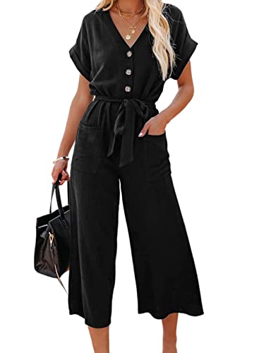 MZSYLK Damen Casual Playsuits Kurzarm Button Down Jumpsuits Elegant V Neck Baggy Belted Romper with Pockets, Schwarz , 42, L von MZSYLK