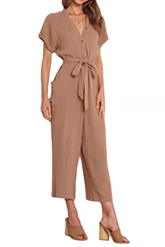 MZSYLK Damen Casual Playsuits Kurzarm Button Down Jumpsuits Elegant V Neck Baggy Belted Romper with Pockets, khaki, 36, S von MZSYLK