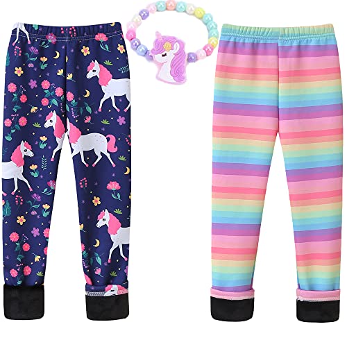 MZSYLK Fleece Gefüttert Leggings Set Dicke Thermohose Baumwolle Bunt Winter Warme Hosen Floral Gedruckt Strumpfhosen, Einhorn+Regenbogen, 4-5 Jahre von MZSYLK