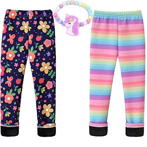 MZSYLK Mädchen Fleece Gefütterte Leggings Set Dicke Thermohose Baumwolle Bunte Mädchen Winter Warme Hose Blumendruck Strumpfhose, 02 Blume + Regenbogen, 5-6 Jahre von MZSYLK