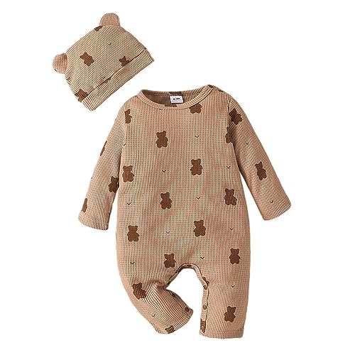 MaNMaNing Kleinkind Jungen Mädchen Langarm Cartoon Bär Drucke Strampler Neugeborenen Bodys Overall Outwear Mit Hut Outfits (Brown, 3-6 Months) von MaNMaNing