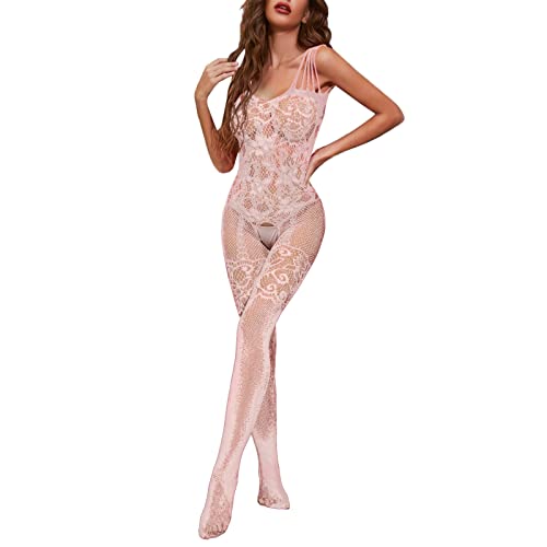 MaNMaNing Netz-Bodystocking Nylon Sexy Dessous für Frauen Ganzkörperstrumpf Body mit offenem Schritt Ganzkörper-Fischnetzstrümpfe (Pink, One Size) von MaNMaNing