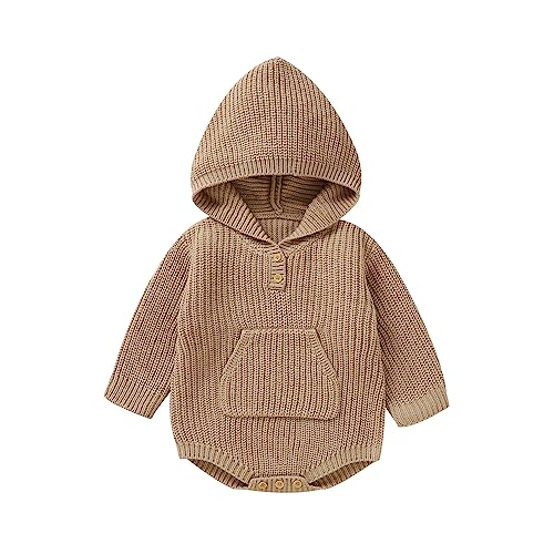 MaNMaNing Neugeborenen Baby Mädchen Junge Solide Strick Pullover Mit Kapuze Strampler Body Sweatshirt Mit Tasche Langarm Warme Herbst Winter Kleidung von MaNMaNing