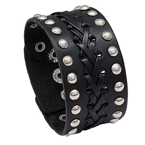 Herren-Lederarmband, verstellbare modische Punk-Vintage-Lederarmbänder, Herren-Lederarmband, klassisches Retro-Armband aus schwarzem handgefertigtem Webmuster, silbernes Nieten-breites Armband, verste von MaRxan