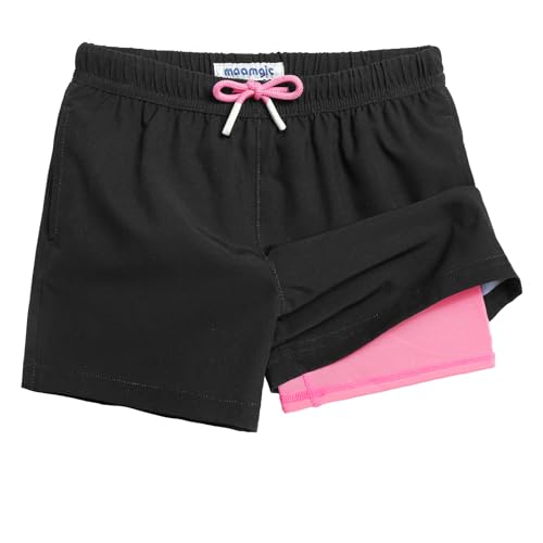 MaaMgic Badehose Jungen Kinder | Schnelltrocknend Kurz Swim Shorts für Kleine | 2 in 1 Badeshorts mit Kompression Innenhose Taschen Verstellbare Tunnelzug MEHRWE,19 Schwarz und Rosa,3 Jahre von MaaMgic