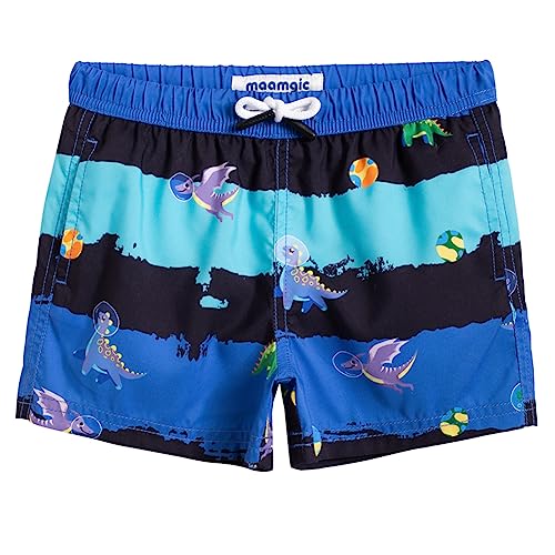 MaaMgic Badehose Jungen Sommer Badeshorts Schnelltrocknend Boardshorts mit Netzfutter Taschen und Verstellbarem Tunnelzug Urlaub Shorts,Blau Gestreift Dino,10-12 Jahre von MaaMgic