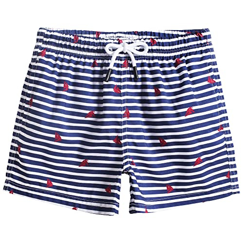 MaaMgic Badehose Jungen Sommer Badeshorts Schnelltrocknend Boardshorts mit Netzfutter Taschen und Verstellbarem Tunnelzug Urlaub Shorts,Blau Weiß gestreift Segelboot 2,14-16 Jahre von MaaMgic