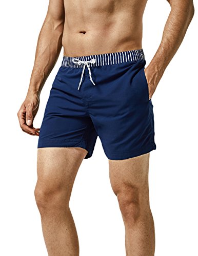 MaaMgic Herren Badehose Jungen Badeshorts Sporthose Schnelltrockend Sport Schwimmhose mit Mesh in vielen Farben, Größen XS - 2XL, Navy Blau Gestreift Bund L von MaaMgic