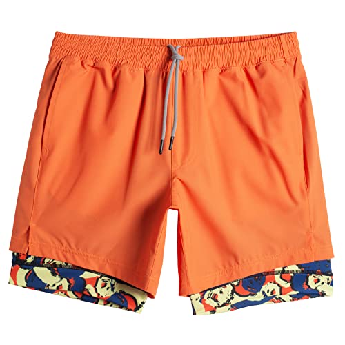 MaaMgic Herren Laufshorts Sport Shorts | 2 in 1 Kurze Running Sporthose | Leichte Laufhose Männer, Schnelltrocknend mit Reißverschlusstaschen, Für Fitness Joggen Training Sommer,Orange,L von MaaMgic