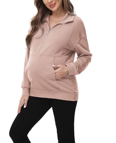 Maacie Umstandspullover für Damen Lang Ärmel Warme Schwangerschaftsweatshirt Bequeme Weiche Umstandssweatshirt Hellrosa L MC0122A21-04 von Maacie