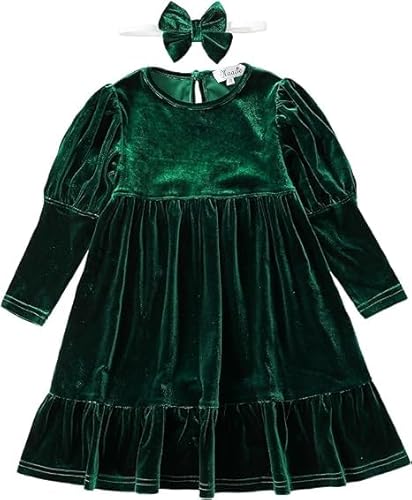 Mädchen Samtkleid Rundhalsausschnitt Lange Ärmel A-Linie Kleid Girls Dress Dunkelgrün#Samtkleid 04Y von Maacie