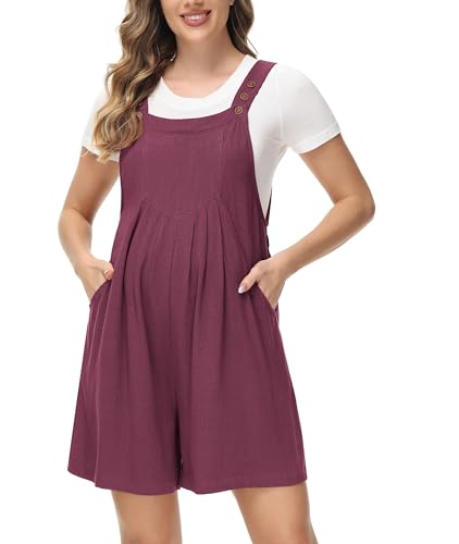 Maternity Short Jumpsuit Summer Breathable Adjustable Strap Loose Linen Short Bib Overalls Rompers Lila Rot 2XL von Maacie