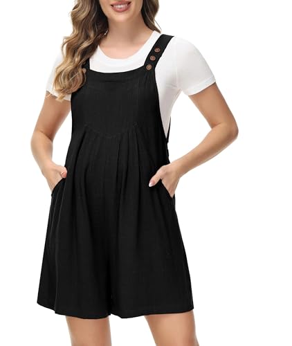 Maternity Short Overall Rompers Linen Adjustable Straps Summer Casual Sleeveless Jumpsuit with Pockets Black L von Maacie