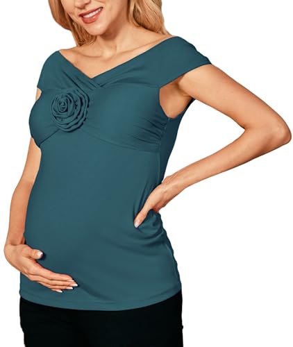 Umstandstop Slim Fit Damen Oberteile Schwangerschaft Kurzarm Umstands T-Shirt Blau Grün XL von Maacie