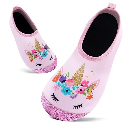 Badeschuhe Kinder Schwimmschuhe Wasserschuhe Schnell Trocknend Strandschuhe Aquaschuhe für Mädchen Baby Beach Pool(Flash Pink Einhorn,8.5/9 UK Child,26/27 EU) von Mabove