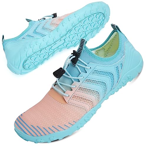 Mabove Strandschuhe Wasserschuhe Damen Schnell Trocknen Surfschuhe Schwimmschuhe Aquaschuhe Badeschuhe Barfussschuhe (Pink Blau V011,44 EU) von Mabove