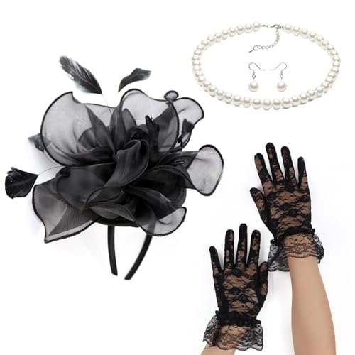 Fascinator-Set für Damen, elegant, Perlen, Halskette, Ohrringe, Spitzen-Handschuhe, 1920er-Jahre, vielseitige Kopfbedeckung, Kopfbedeckung für Damen von Mabta