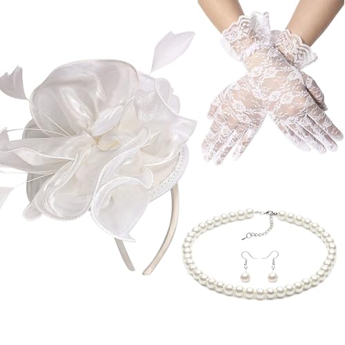 Fascinator-Set für Damen, elegant, Perlen, Halskette, Ohrringe, Spitzen-Handschuhe, 1920er-Jahre, vielseitige Kopfbedeckung, Kopfbedeckung für Damen von Mabta