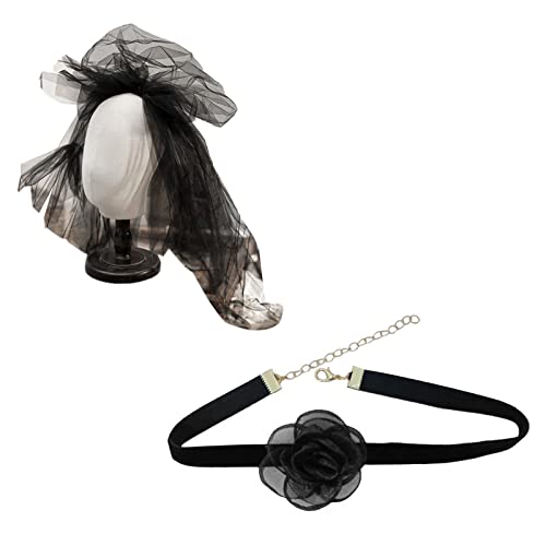 Gothic-Blumen-Stirnband, schwarze Blume, Kopfschmuck, Halsband, Halskette, Tüll, Schleier, Cosplays, Kostüm-Zubehör, Halloween-Schmuck, schwarze Blumen-Haarbänder für Damen, Mädchen, von Mabta