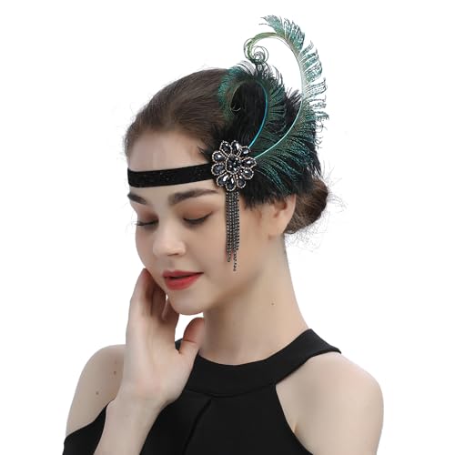 Vintage 1920er Flapper Stirnband Kostüm Frauen Federn Haarband Strass Fransen Kopfschmuck für 20er Jahre Cocktail Party Federn Stirnband Quasten Haarschmuck Federn Haarband von Mabta