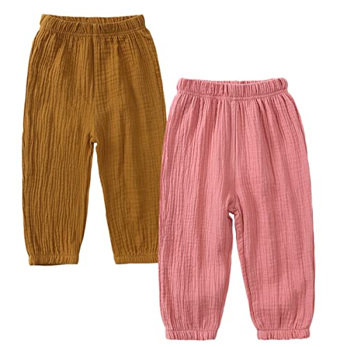 2er Pack Unisex Baby Kinder Pumphose Sommer Baumwoll Leinenhose Leichte Atmungsaktive Anti-Moskito Jogginghose Lässige Hose(Hellbraun/Rosa,140) von Machbaby