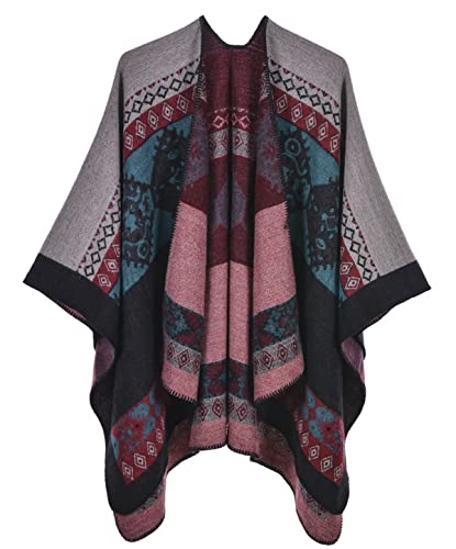 Damen Herbst Winter Retro Poncho Schal Gestrickt Beidseitig Tragbar Klassische Wrap Cape Cardigans Schal Quasten Stola,Totem rosa schwarz von Machbaby