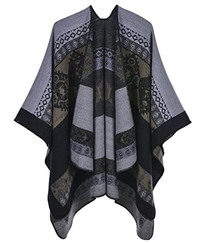 Damen Herbst Winter Retro Poncho Schal Gestrickt Beidseitig Tragbar Klassische Wrap Cape Cardigans Schal Quasten Stola,Totemmuster schwarz von Machbaby