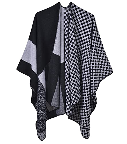 Damen Retro Poncho Schal Gestrickt Beidseitig Tragbar Klassische Herbst Winter Wrap Cape Cardigans Umhang Stola,Quadratisch schwarz von Machbaby