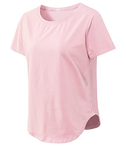 Damen Sport Fitness T-Shirt Rundhals Kurzarmshirt Stretch Laufshirt Sommer Oberteil Casual Yoga Bluse Tops(Rosa,M) von Machbaby