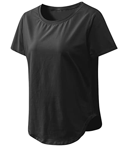 Damen Sport Fitness T-Shirt Rundhals Kurzarmshirt Stretch Laufshirt Sommer Oberteil Casual Yoga Bluse Tops(Schwarz,XXL) von Machbaby