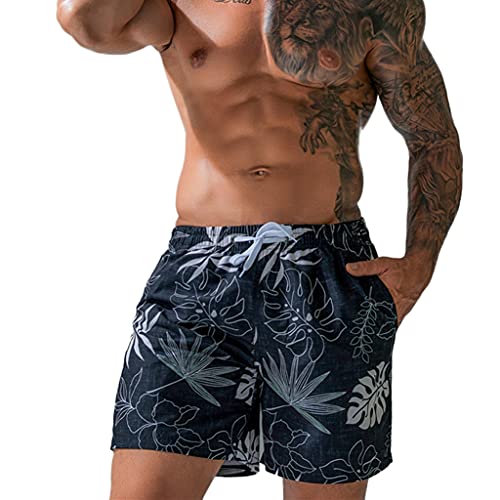 Herren Beachwear Schwimmshorts Strandshorts Leichte Beachshorts Sommer schnelltrocknende Badeshorts Boardshorts mit Verstellbarem Tunnelzug(Schwarze Blume,2XL) von Machbaby