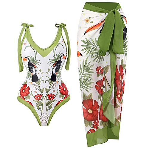 Machbaby Damen Badeanzug V Ausschnitt Bauchweg Push UP Strandmode Einteilige Bademode Bikini Set mit Chiffon Wickelrock(XL,Vogel - grün) von Machbaby