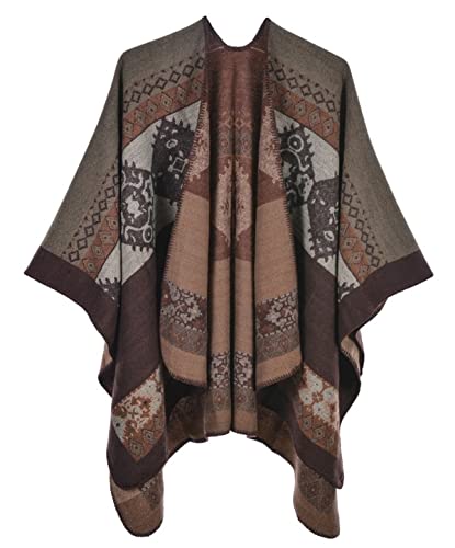 Machbaby Damen Herbst Winter Retro Poncho Schal Gestrickt Beidseitig Tragbar Klassische Wrap Cape Cardigans Schal Quasten Stola,Totembraun von Machbaby