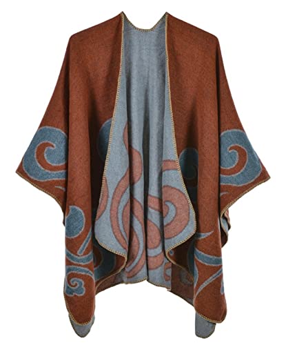 Machbaby Damen Herbst Winter Retro Poncho Schal Gestrickt Beidseitig Tragbar Klassische Wrap Cape Cardigans Schal Quasten Stola,Wolkenmuster Erdfarbe von Machbaby