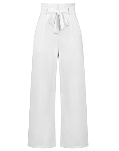 Machbaby Damen Hosen Breites Bein Hohe Taille Anzughose mit Unsichtbarer Schnalle und Reißverschluss Büro Pants Einfarbig Formal Freizeithose mit Bund Taschen(Weiß,XL) von Machbaby