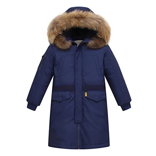 Machbaby Jungen Daunenjacken mit Abnehmenbarer Fellkapuze Länge Warm Winterjacke Jacken Steppjacke Verdickte Daunenmantel Outerwear(Dunkelblau,160) von Machbaby