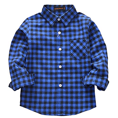 Machbaby Jungen Mädchen Langarm Hemden Plaid Kariert Freizeithemd Tops Baumwolle Button-down Langarmshirt(Blau Kleines Gitter,110) von Machbaby