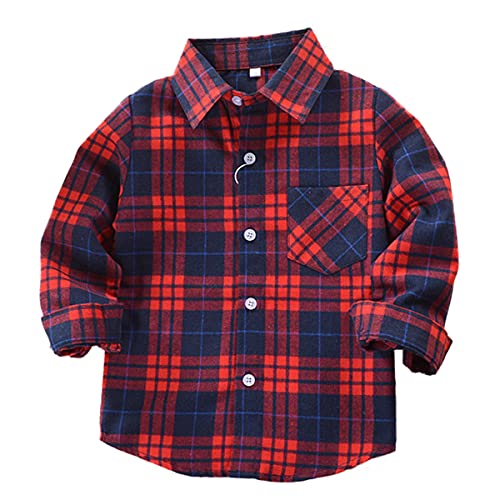 Machbaby Jungen Mädchen Langarm Hemden Plaid Kariert Freizeithemd Tops Baumwolle Button-down Langarmshirt(Rot und Blau kariert,140) von Machbaby