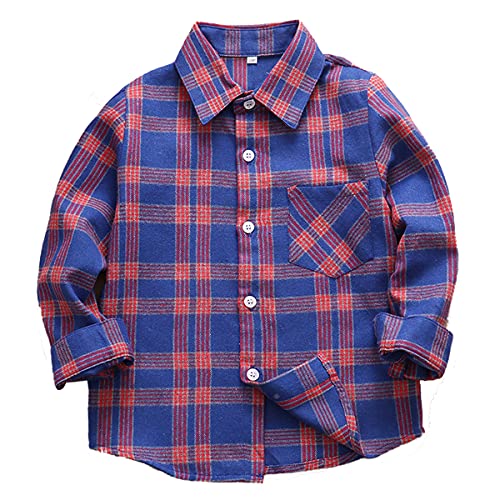 Machbaby Jungen Mädchen Langarm Hemden Plaid Kariert Freizeithemd Tops Baumwolle Button-down Langarmshirt(Rote Streifen auf Blau,160) von Machbaby