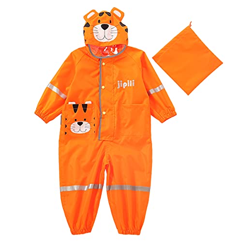 Machbaby Jungen Mädchen Regenmantel Leichter Einteiliger Overall Wasserdichter Regenjacken Atmungsaktiv Reflektoren Regenjacke mit transparenter Hutkrempe(Orange,7-8 Jahre) von Machbaby