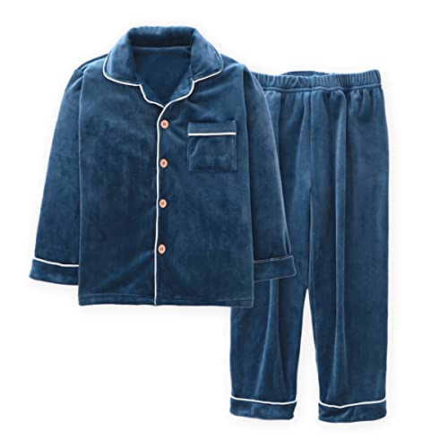 Machbaby Kinder Zweiteiler Schlafanzug Langarm Flanell Pyjama Set für Jungen Mädchen Hausanzug mit Knopfleiste(Blau,140) von Machbaby