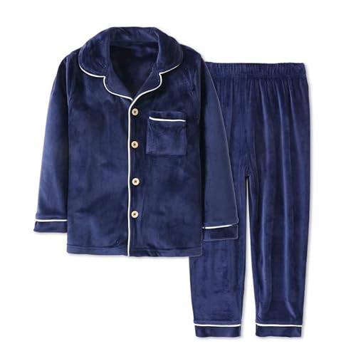 Machbaby Kinder Zweiteiler Schlafanzug Langarm Flanell Pyjama Set für Jungen Mädchen Hausanzug mit Knopfleiste(Navy,100) von Machbaby