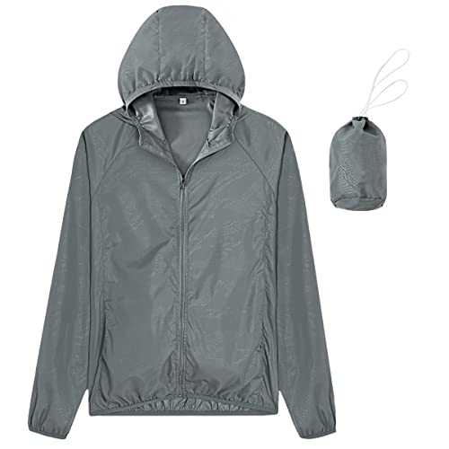 Machbaby Unisex Leicht Sonnenschutz Jacke Schnelltrocknend Wasserdichte Windbreaker mit Kapuze Regenjacke Laufjacke(Grau,2XL) von Machbaby