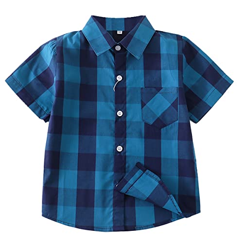 Unisex Kinder 100% Baumwolle Kurzarm Sommer Atmungsaktiv Shirts Freizeit Kariertes Hemd(Blau & Schwarz Kariert,110) von Machbaby