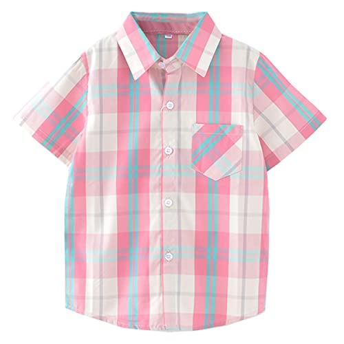 Unisex Kinder 100% Baumwolle Kurzarm Sommer Atmungsaktiv Shirts Freizeit Kariertes Hemd(Rosa,120) von Machbaby