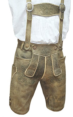 Lederhose Trachtenlederhose Hirsch hell Hirschleder Hirschlederhose Kurze Trachtenhose sämisch gegerbt hochwertiges Leder naturgegerbt beige Stickerei Hose Träger echte Hornknöpfe, Größe:52 von Maddox