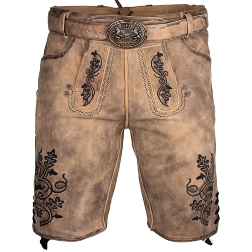 Maddox Lederhose Utz Sand nappato Wildbock | Ledershorts mit Gürtel | hochwertiges Ziegenvelours-Leder (braun, 50) von Maddox